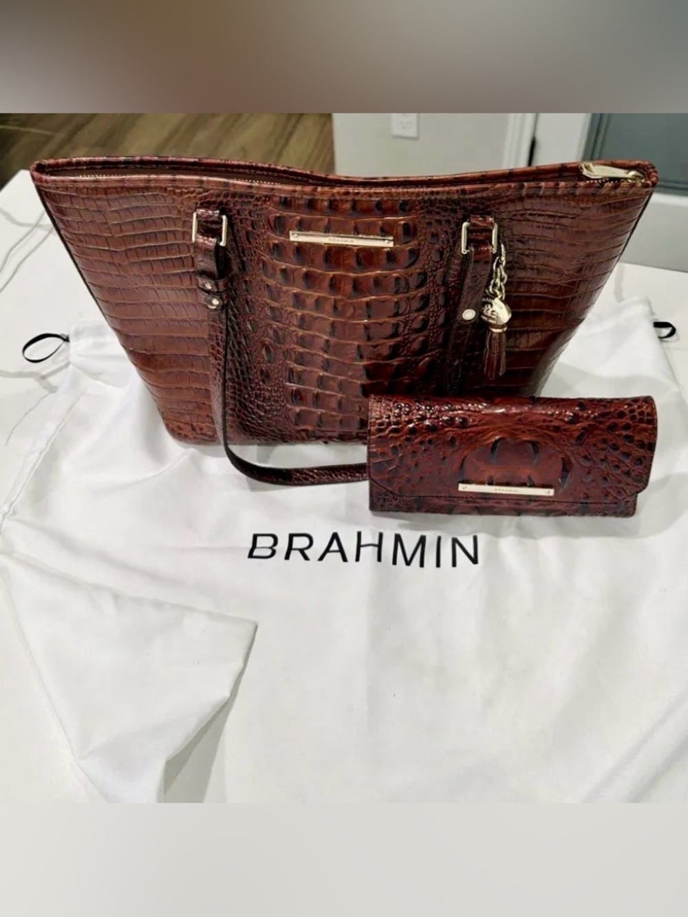 Authentic Brahmin Anywhere Tote & Matching Trifold Wallet Bundle Pecan Melbourne